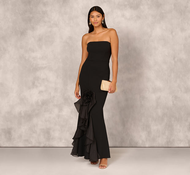aidan mattox Crepe Strapless Mermaid Gown With Organza Ruffle Skirt In Black