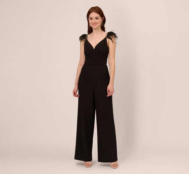 Aidan Mattox Crepe Wide Leg Jumpsuit With Bead And Feather Accents In Black