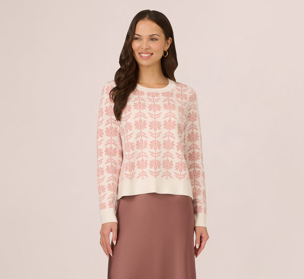 Aidan Mattox Crew Neck Floral Pullover Sweater In Ivory Champagne Rose Floral