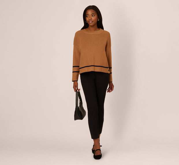 Aidan Mattox Crew Neck Pullover Sweater With Tipped Details In Camel Bluemoon