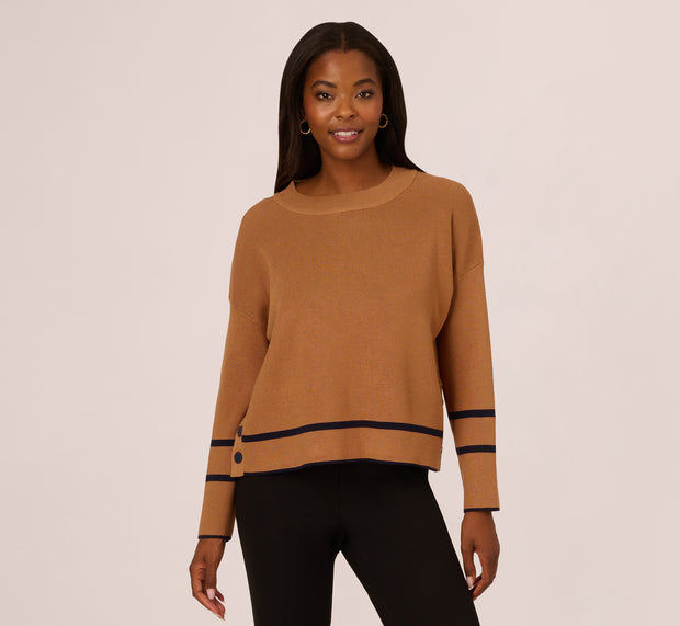 Aidan Mattox Crew Neck Pullover Sweater With Tipped Details In Camel Bluemoon