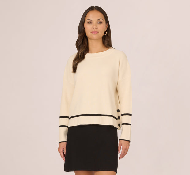 Aidan Mattox Crew Neck Pullover Sweater With Tipped Details In Cream Black