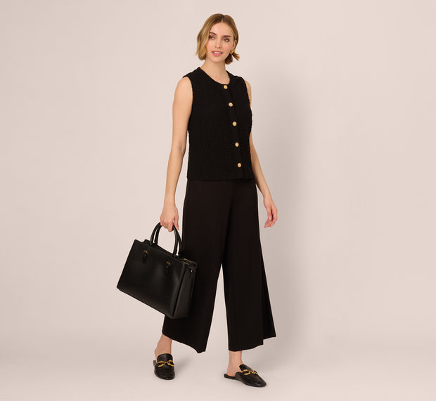 Aidan Mattox Crew Neck Textured Vest Cardigan In Black