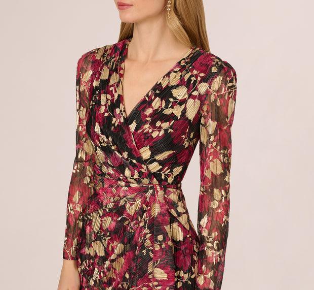 Aidan Mattox Crinkle Foil Wrap Dress In Fuchsia Gold