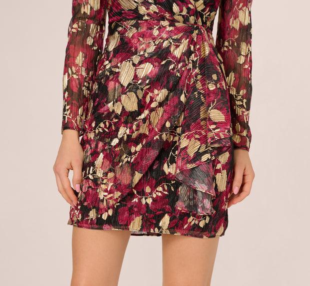 Aidan Mattox Crinkle Foil Wrap Dress In Fuchsia Gold