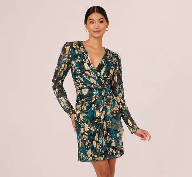 Aidan Mattox Crinkle Foil Wrap Dress In Teal Sapphire Gold