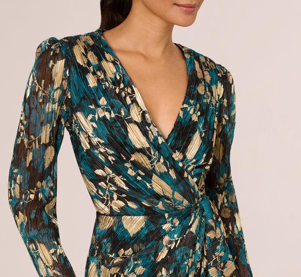 Aidan Mattox Crinkle Foil Wrap Dress In Teal Sapphire Gold