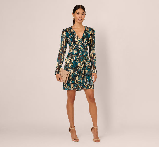 aidan mattox Crinkle Foil Wrap Dress In Teal Sapphire Gold