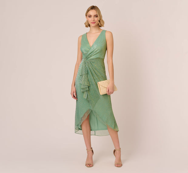 aidan mattox Crinkle Metallic Faux Wrap Dress With Draped Detail In Green Slate
