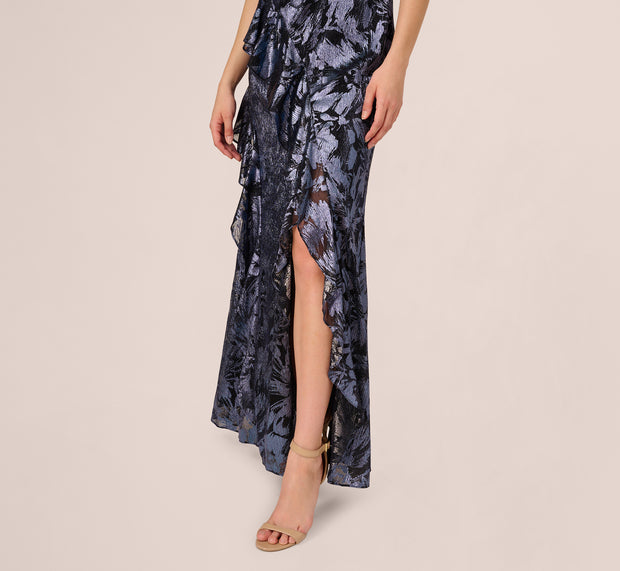 Aidan Mattox Crinkle Metallic Keyhole Halter Ruffle Gown In Navy