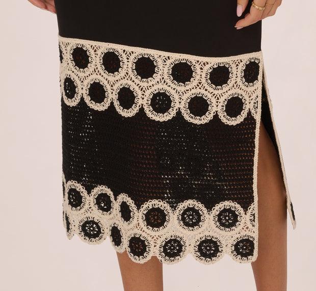 Aidan Mattox Crochet Trimmed Sheath Midi Dress With Tank Straps In Black Ecru