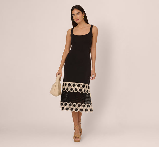 aidan mattox Crochet Trimmed Sheath Midi Dress With Tank Straps In Black Ecru