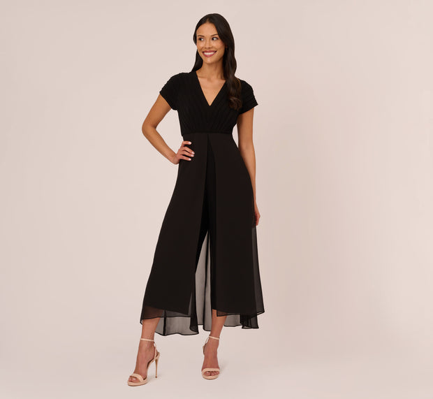 Aidan Mattox Cropped Jumpsuit With Pintuck Bodice In Black