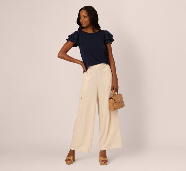 Aidan Mattox Double Flutter Sleeve Top With Pleated Details In Blue Moon