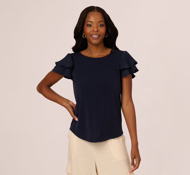 Aidan Mattox Double Flutter Sleeve Top With Pleated Details In Blue Moon