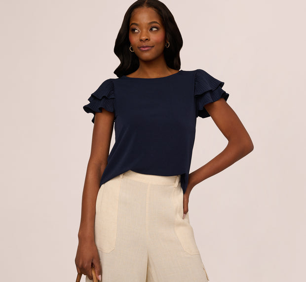 aidan mattox Double Flutter Sleeve Top With Pleated Details In Blue Moon