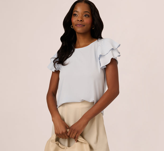 aidan mattox Double Flutter Sleeve Top With Pleated Details In Halogen Blue