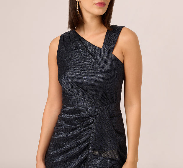 Aidan Mattox Draped Metallic Foil Long Dress In Navy