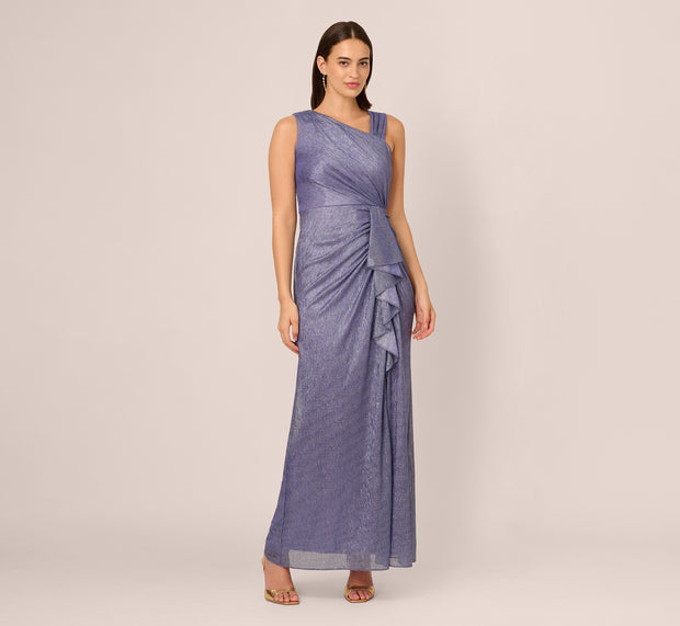 Aidan Mattox Draped Metallic Foil Long Dress In Peri Cruise