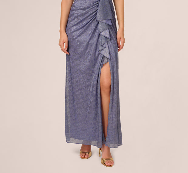 Aidan Mattox Draped Metallic Foil Long Dress In Peri Cruise