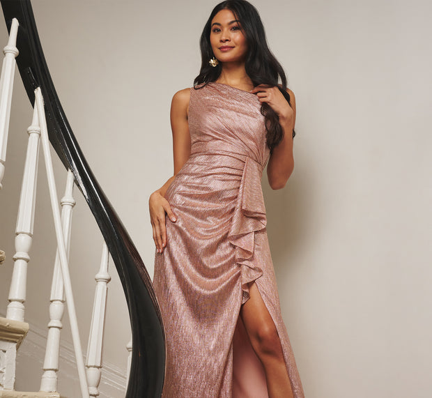 aidan mattox Draped Metallic Foil Long Dress In Rose Gold
