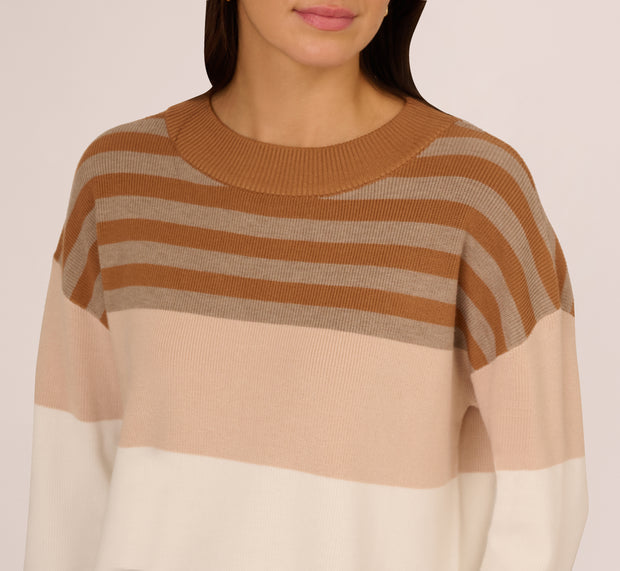 Aidan Mattox Drop Shoulder Boat Neck Color Blocked Sweater In Camel Ht Oatmeal Bloc