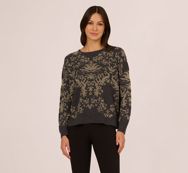 Aidan Mattox Drop Shoulder Metallic Knit Sweater In Slate Grey Gold