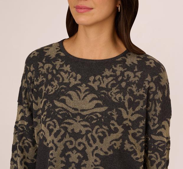 Aidan Mattox Drop Shoulder Metallic Knit Sweater In Slate Grey Gold