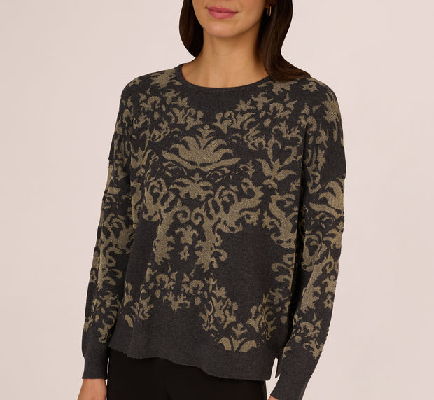 Aidan Mattox Drop Shoulder Metallic Knit Sweater In Slate Grey Gold