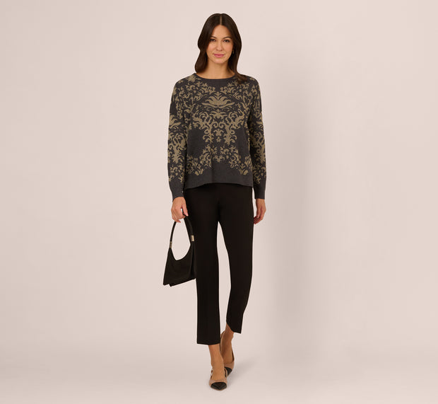 aidan mattox Drop Shoulder Metallic Knit Sweater In Slate Grey Gold