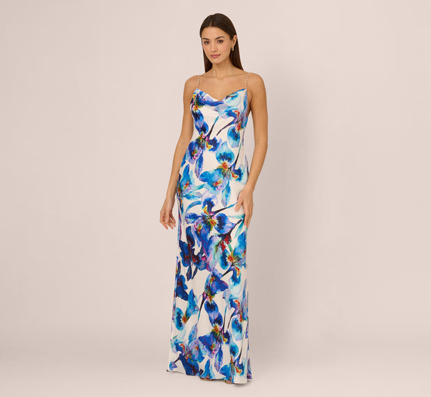 Aidan Mattox Embellished Strap Floral Satin Slip Dress In Blue Ivory Multi