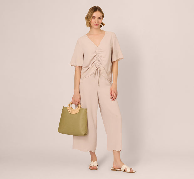 Aidan Mattox Embroidered Airflow Top And Wide Leg Pant Set In Pebble