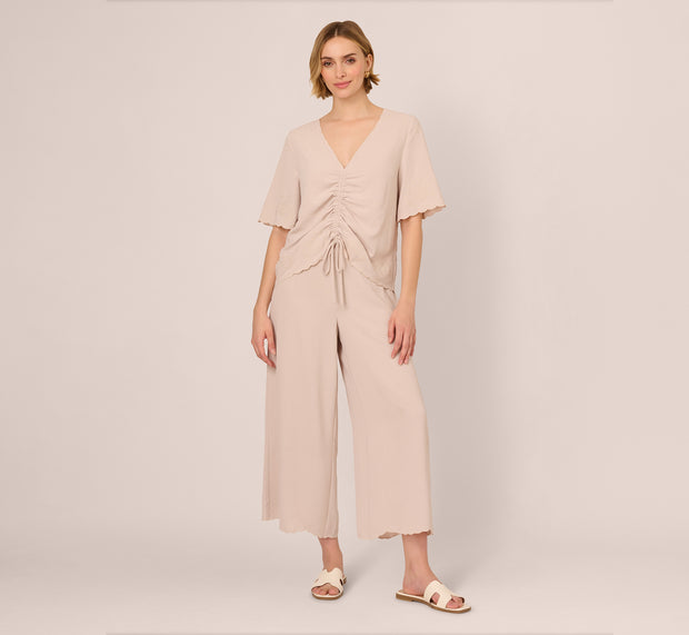 Aidan Mattox Embroidered Airflow Top And Wide Leg Pant Set In Pebble