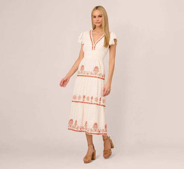 Aidan Mattox Embroidered Flutter Sleeve Tiered Midi Dress In Ivory Red Multi