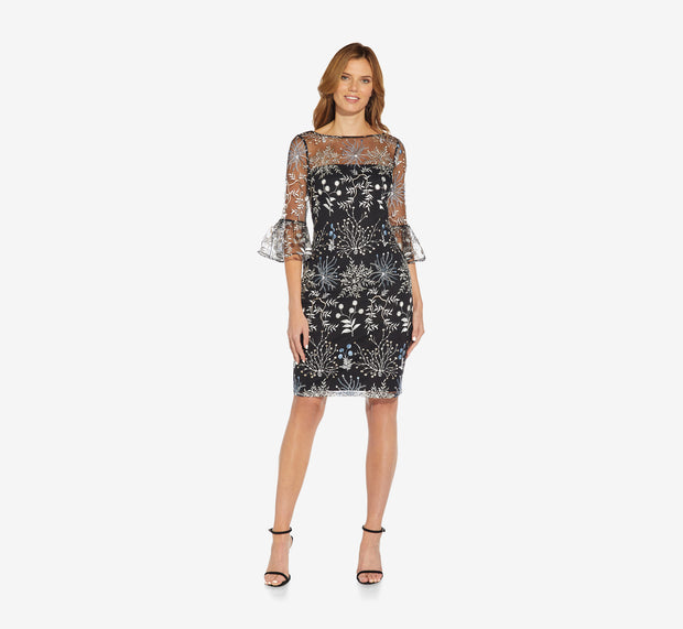 aidan mattox Embroidered Three Quarter Sleeve Short Sheath Dress With Bell Sleeves