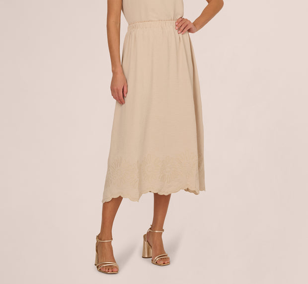 Aidan Mattox Embroidery Scalloped Hem Midi Skirt In Bamboo Wood