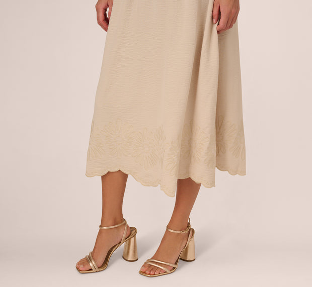 Aidan Mattox Embroidery Scalloped Hem Midi Skirt In Bamboo Wood