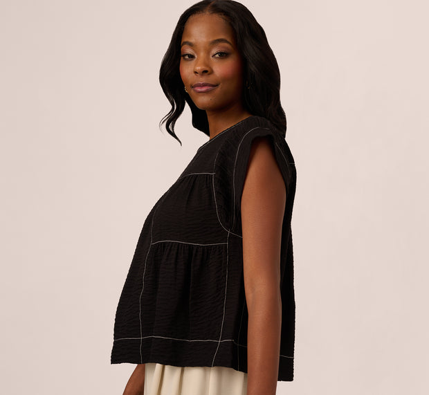 aidan mattox Extended Shoulder Contrast Stitch Yoke Top In Black Ivory