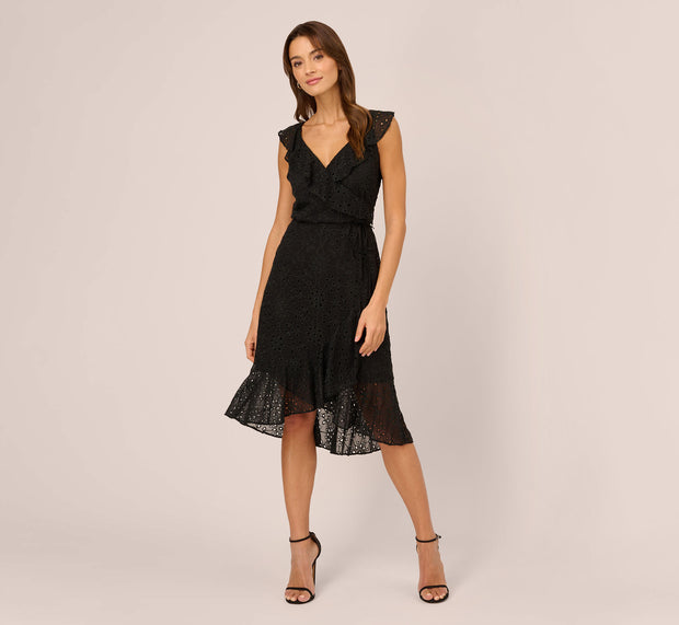 Aidan Mattox Eyelet Faux Wrap Midi Dress With Ruffle Details In Black
