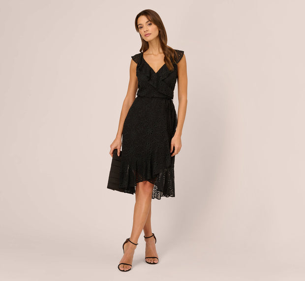 aidan mattox Eyelet Faux Wrap Midi Dress With Ruffle Details In Black