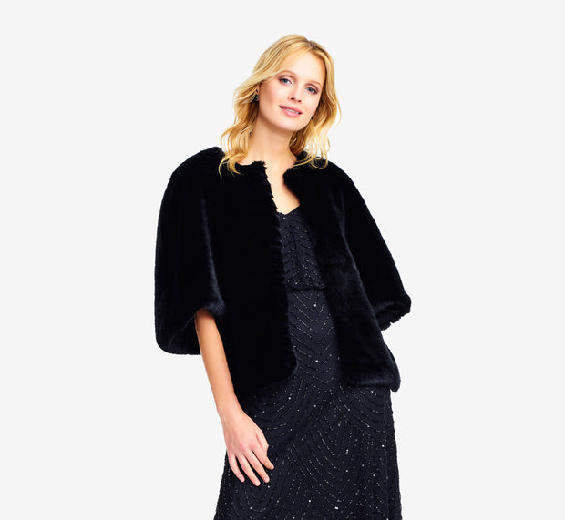 aidan mattox Faux Fur Open Front Cape Jacket In Black