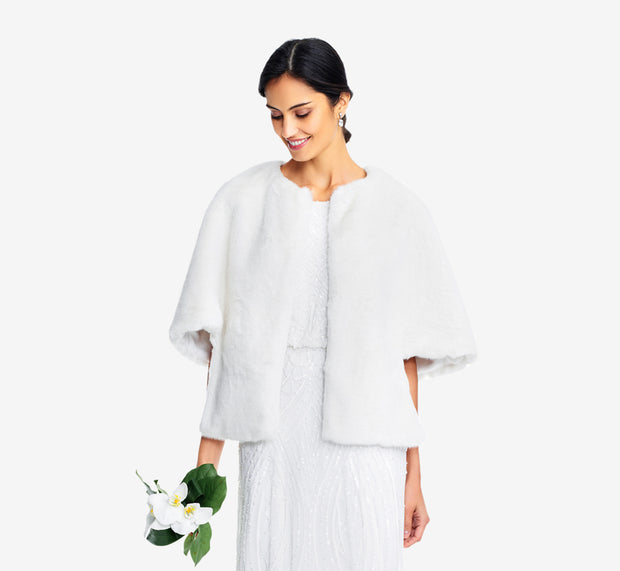 aidan mattox Faux Fur Open Front Cape Jacket In Ivory