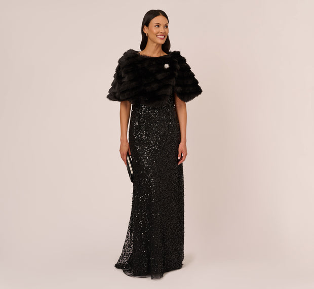 Aidan Mattox Faux Fur Wrap With Stone Brooch In Black