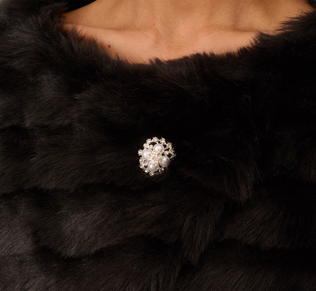 Aidan Mattox Faux Fur Wrap With Stone Brooch In Black