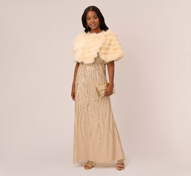 Aidan Mattox Faux Fur Wrap With Stone Brooch In Champagne