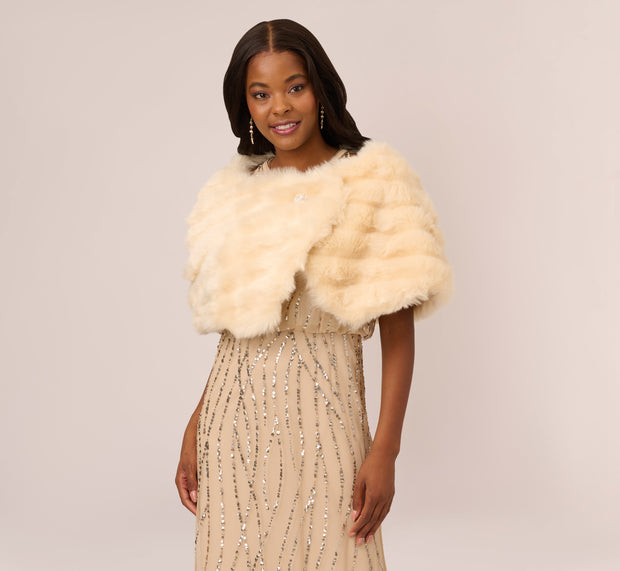 aidan mattox Faux Fur Wrap With Stone Brooch In Champagne