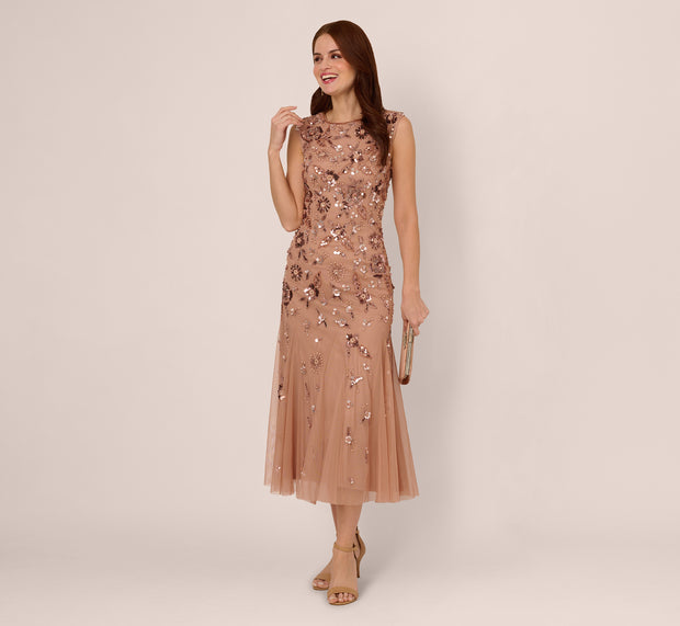 Aidan Mattox Floral Beaded Ankle Length Gown In Rose Gold