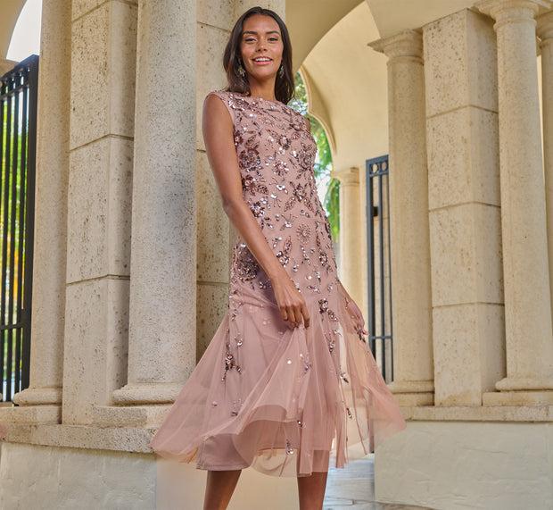 aidan mattox Floral Beaded Ankle Length Gown In Rose Gold