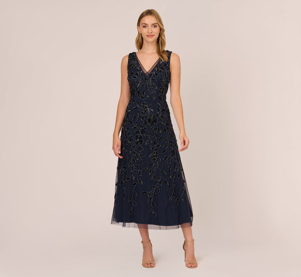 Aidan Mattox Floral Beaded Ankle Length Sleeveless Gown In Navy