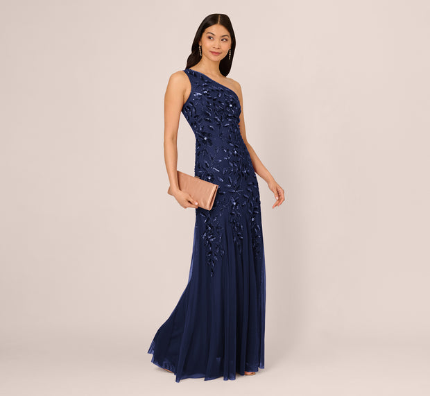 aidan mattox Floral Beaded One Shoulder Mermaid Gown With Godet Skirt In Light Navy